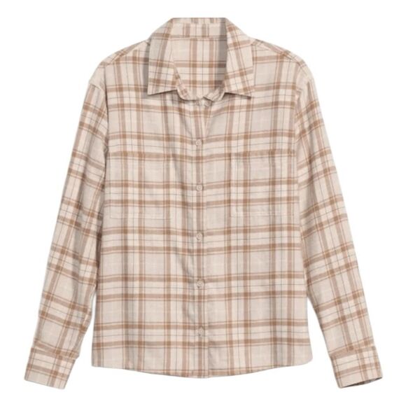 Old Navy Boyfriend Flannel Button Down Shirt Seasalt Tan Cream Tartan Plaid XS - Picture 1 of 3